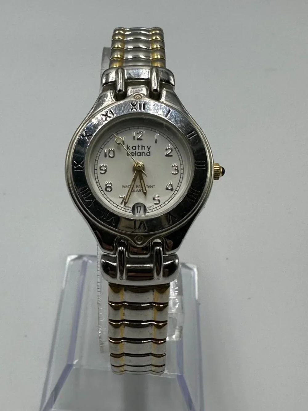 3/$30 Kathy Ireland Watch Women Silver Gold Two Tone Date Stretch Band 6.75